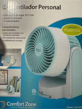 Comfort Zone 5” Personal Fan CZHV51TBJW 2-Speed Adjustable Tilt Wall Mount New